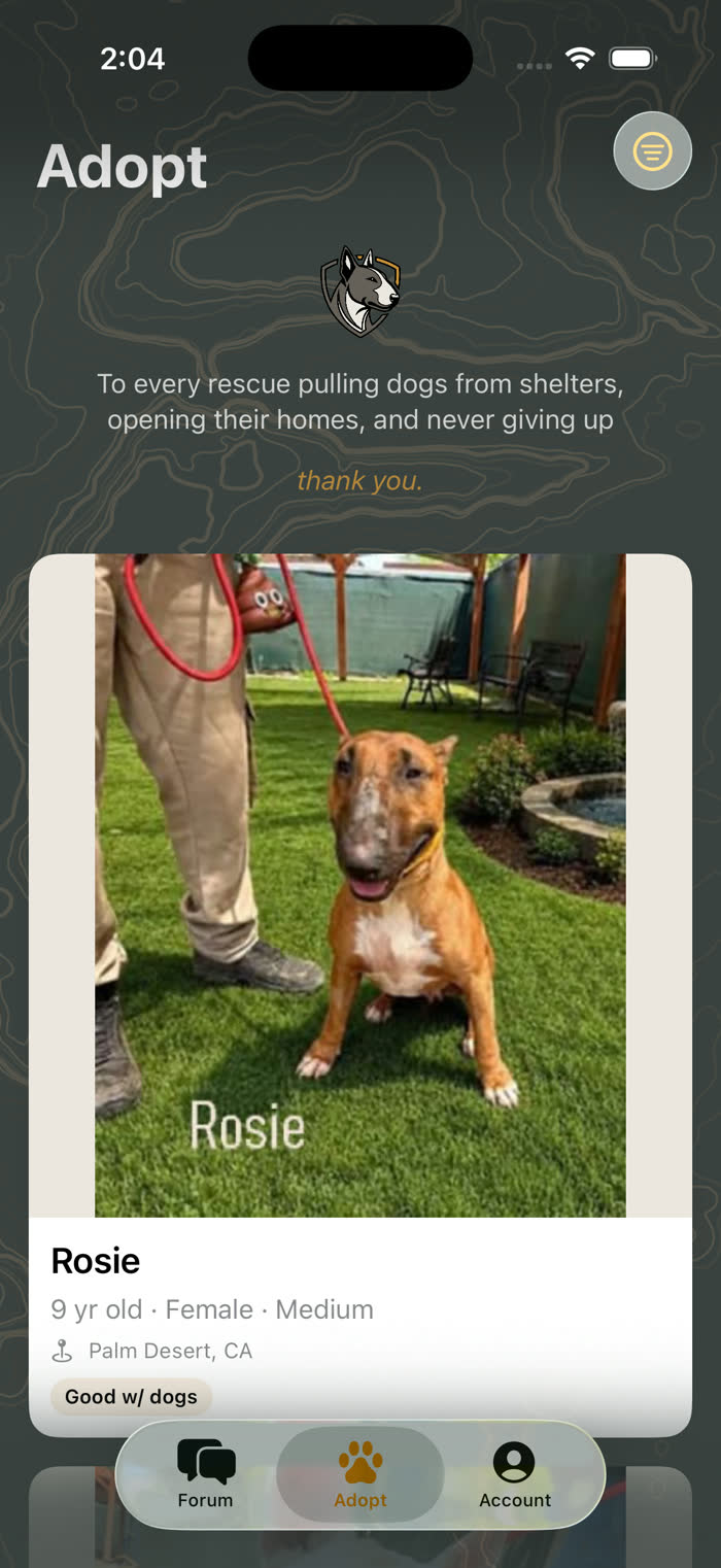 iOS app adoption screen showing Rosie, a bull terrier available in Palm Desert, California